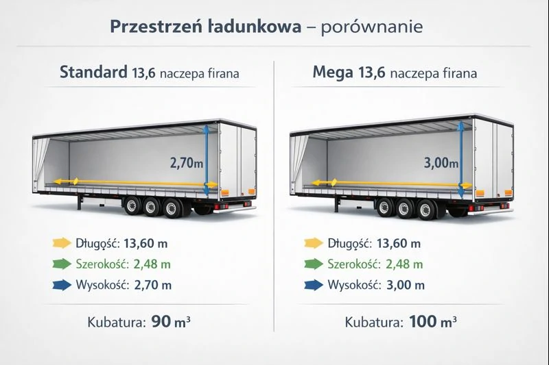 naczepa firana 13,6 standard i mega – porównanie przestrzeni ładunkowej